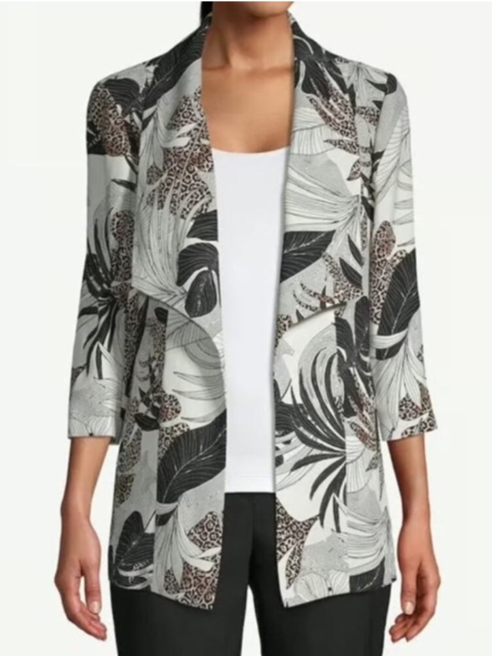 Chico's Tropical Botanical Print Draped Jacket Open Front Blazer